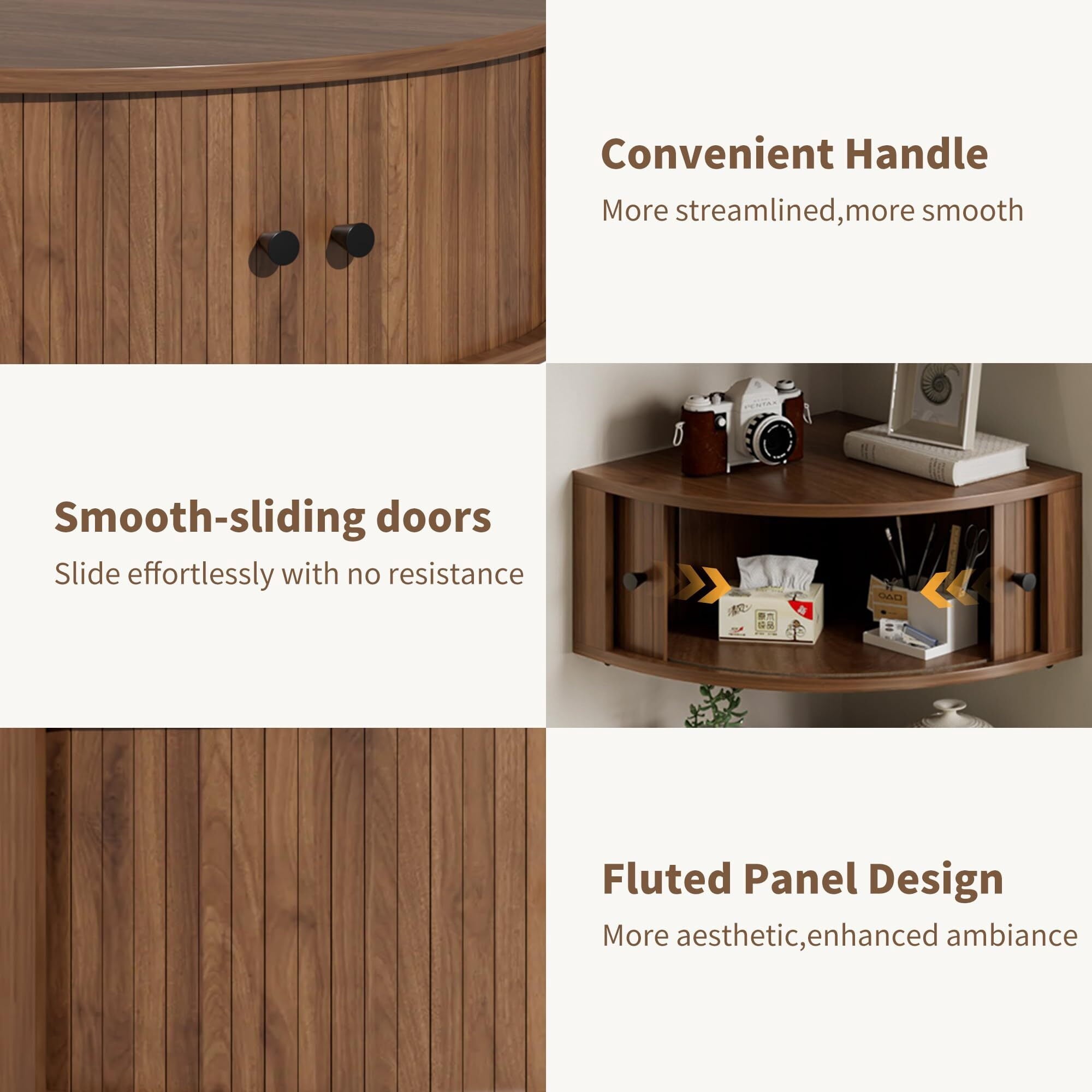 Fluted Corner Wall Cabinet Set of 3, Floating Corner Shelves with Sliding Doors, Wall Storage Organizer for Living Room