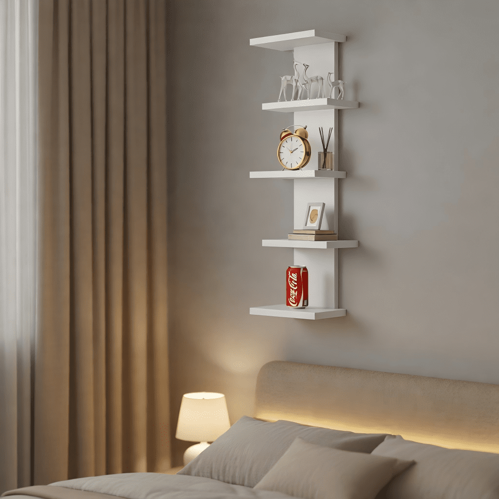5 Tier Asymmetric Floating Wall Shelf, White Modern Storage Organizer for Bedroom & Living Room