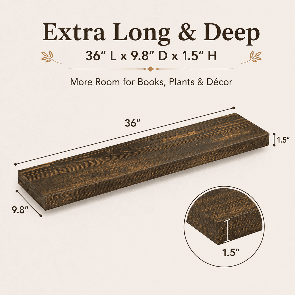 MEHOOM 36" Rustic Solid Wood Floating Shelves for Wall Set of 2, Brown Book Shelves,Wall Shelves for Bathroom,Bedroom,Living Room,Kitchen,Study Room, Kids Room, Farmhouse Decor