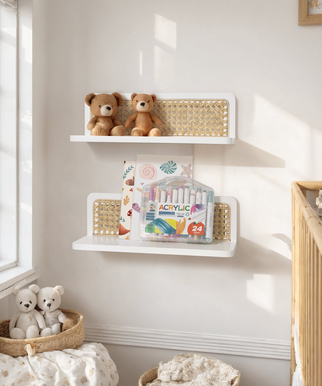 Sumgar Rattan Wall Shelf 16inch Set of 2, Handmade White Floating Shelves Boho Wall Decor, Rustic Wood Cute Wall Mounted Storage Shelves for Living Room Nursery Bedroom