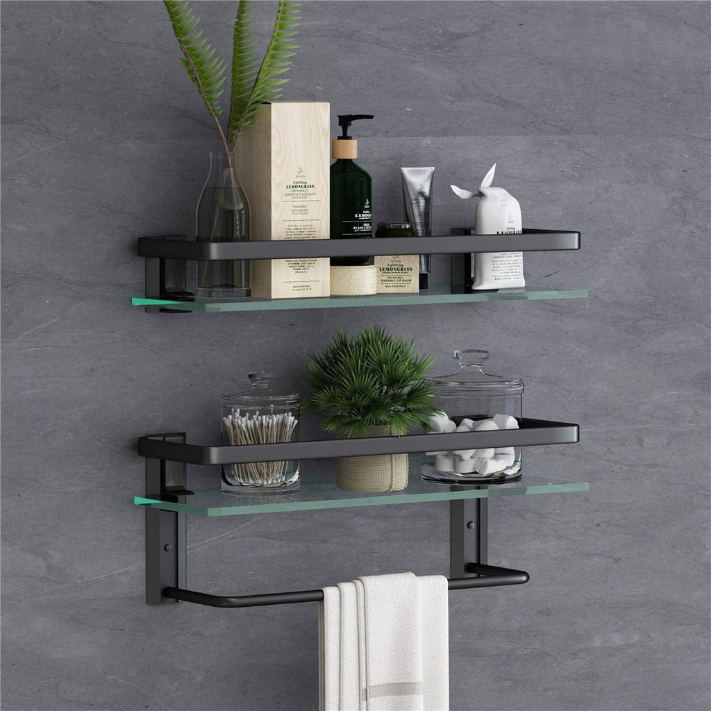 Sofinny 2 Tier Glass Shelf for Bathroom Wall Mounted, 15.7in Aluminum Floating Shelves with Towel Bar, No Drilling, 8mm Thick Tempered Glass (Black)