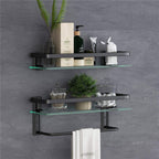 Sofinny 2 Tier Glass Shelf for Bathroom Wall Mounted, 15.7in Aluminum Floating Shelves with Towel Bar, No Drilling, 8mm Thick Tempered Glass (Black)