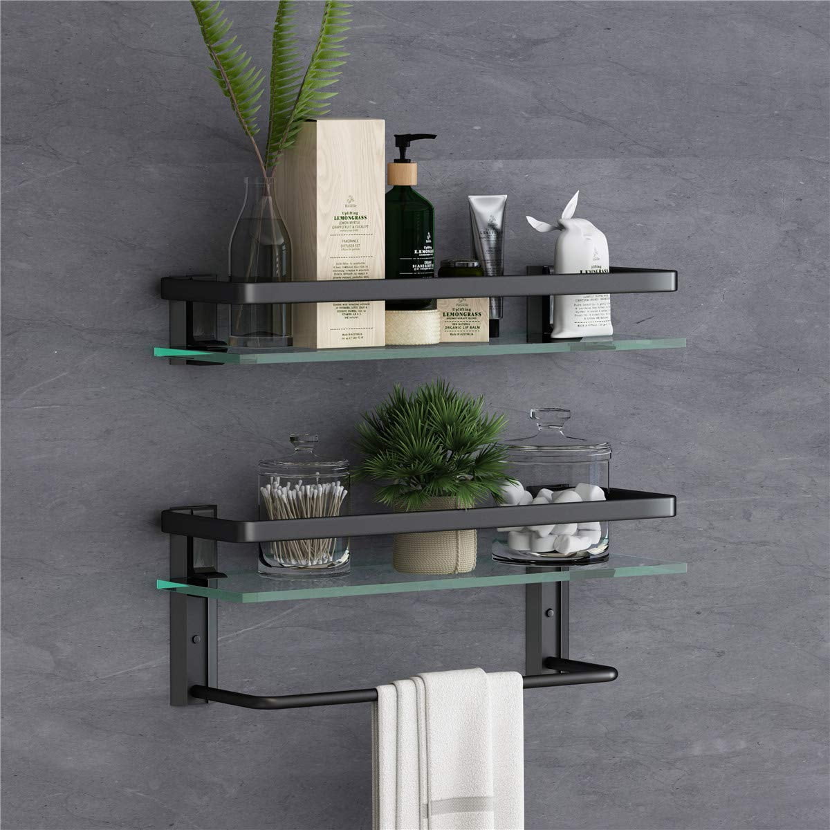 Sofinny 2 Tier Glass Shelf for Bathroom Wall Mounted, 15.7in Aluminum Floating Shelves with Towel Bar, No Drilling, 8mm Thick Tempered Glass (Black)