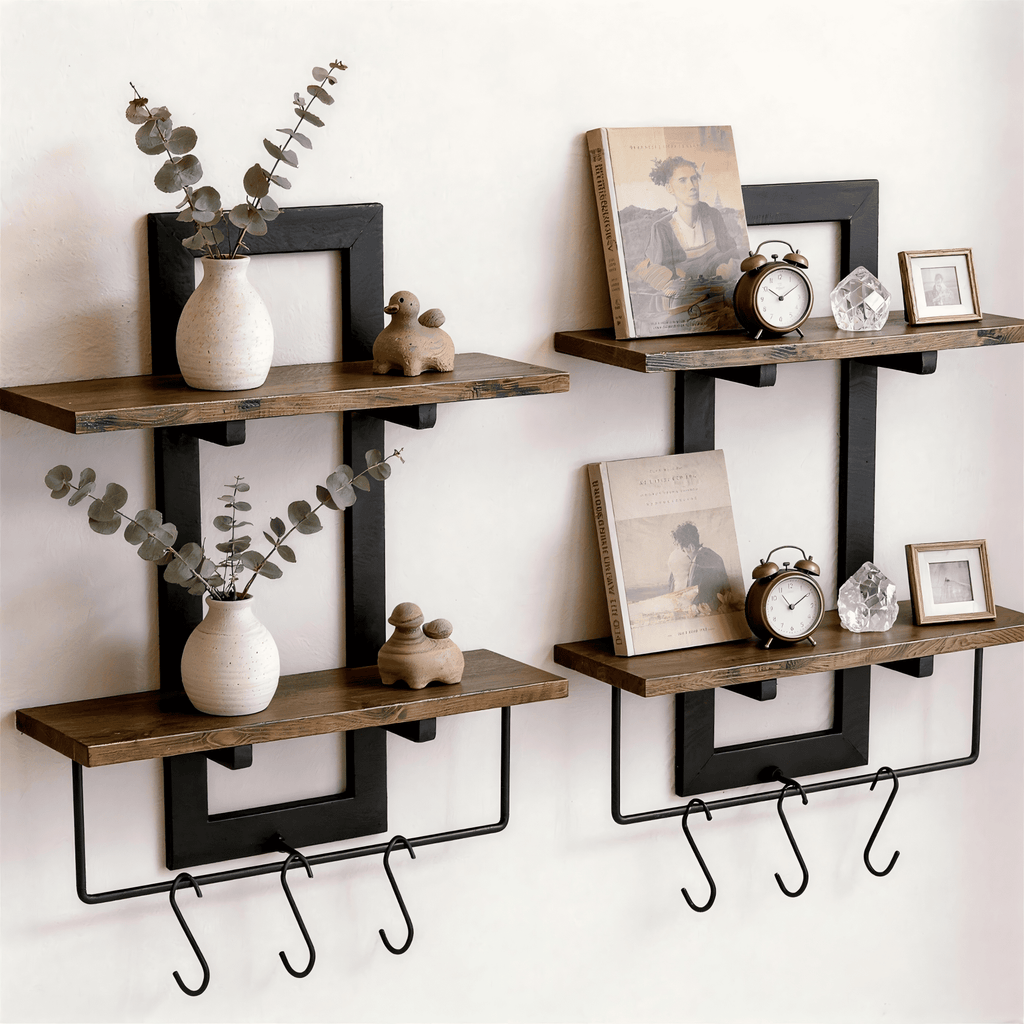 2 Pack 2 Tier Floating Wall Shelves, Rustic Wood Wall Mount Storage Organizer, Decorative Wall Display Rack for Bedroom Living Room Bathroom