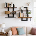 2 Pack 2 Tier Floating Wall Shelves, Rustic Wood Wall Mount Storage Organizer, Decorative Wall Display Rack for Bedroom Living Room Bathroom