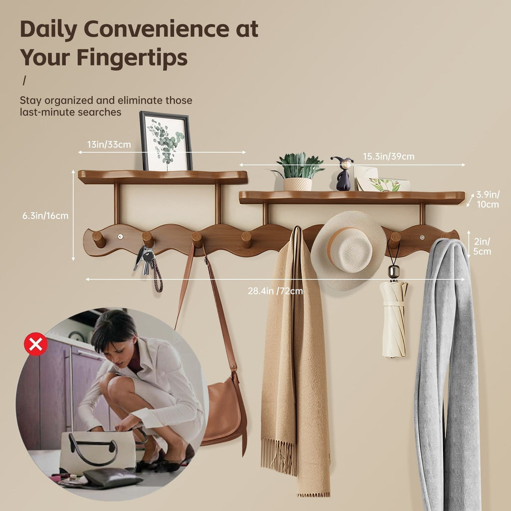 Floating Shelves with Hooks,Coat Rack Shelf Wall Mounted,Wood Coat Rack,for Bedroom, Living Room, Bathroom, Kitchen, Picture Ledge,with 8 Hooks
