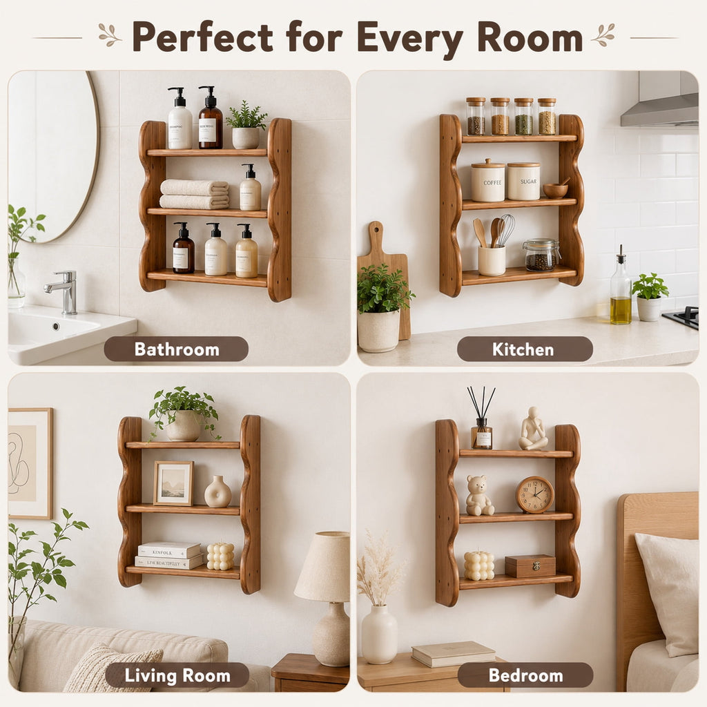 iFaveorr Solid Wood Floating Shelves for Wall 3-Tier, Rustic Wall Shelves Wall Mounted Storage Rack, Farmhouse Decor Floating Shelves Display for Apartment, Living Room and Bedroom
