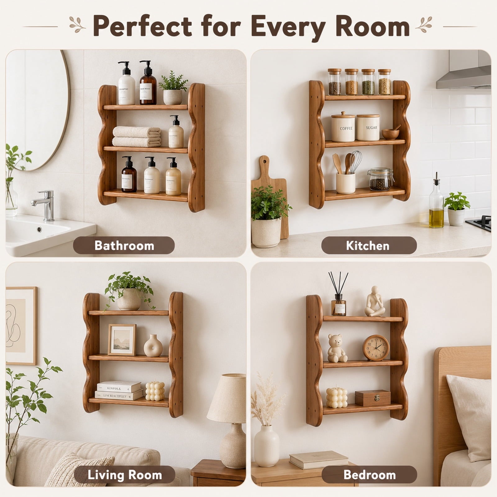 iFaveorr Solid Wood Floating Shelves for Wall 3-Tier, Rustic Wall Shelves Wall Mounted Storage Rack, Farmhouse Decor Floating Shelves Display for Apartment, Living Room and Bedroom