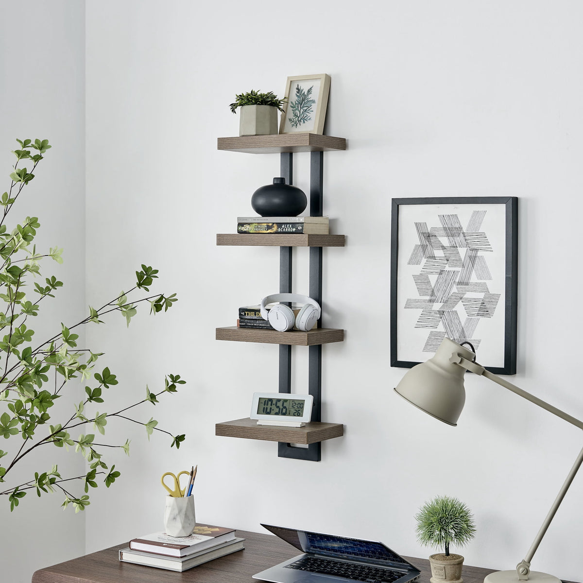 Danya B. 4-Tier Ladder Bracket Floating Wall Shelves - Black Metal and Walnut Finish