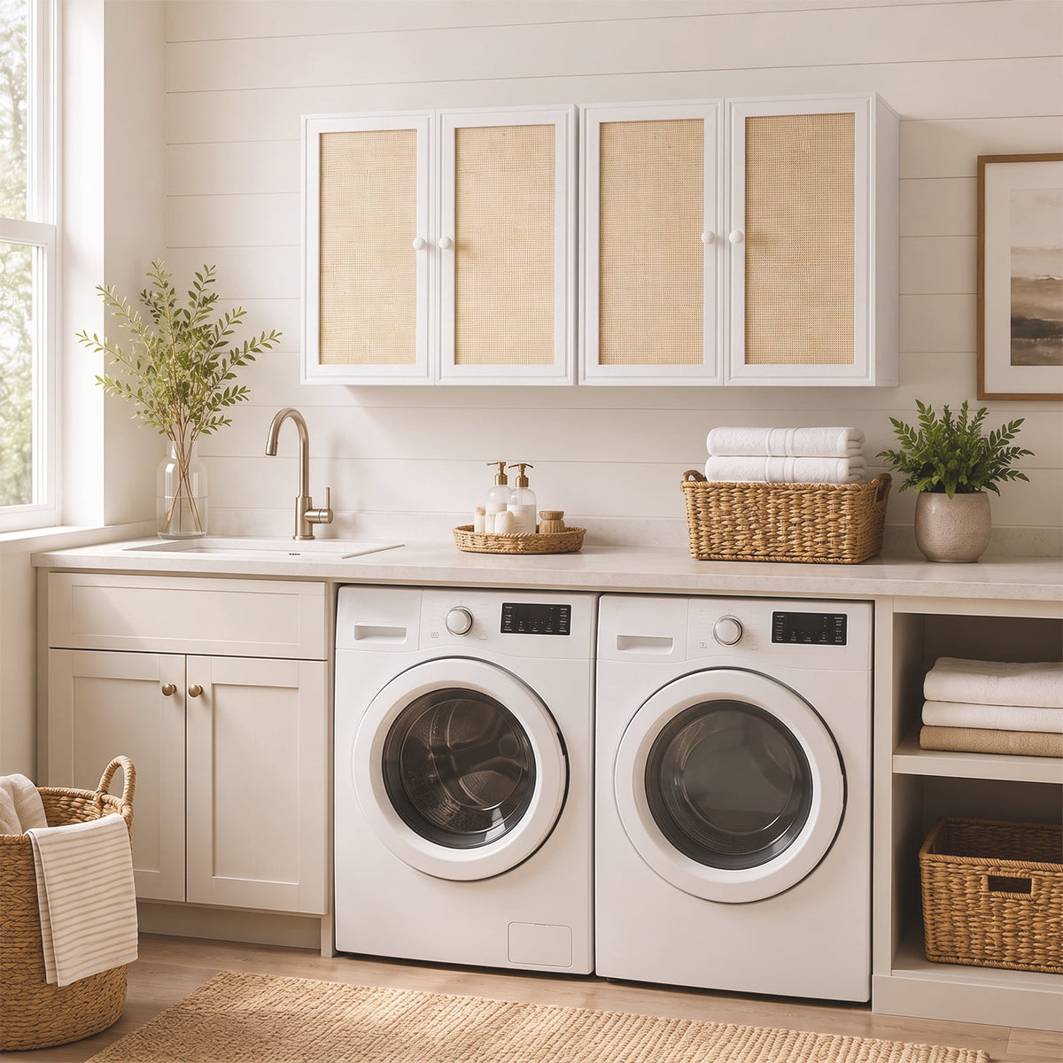 48 Inches Laundry Room Wall Cabinets Bathroom Cabinets Wall Mounted with Adjustable Shelves, Rattan Wall Cabinet for Bedroom, Kitchen, Bathroom