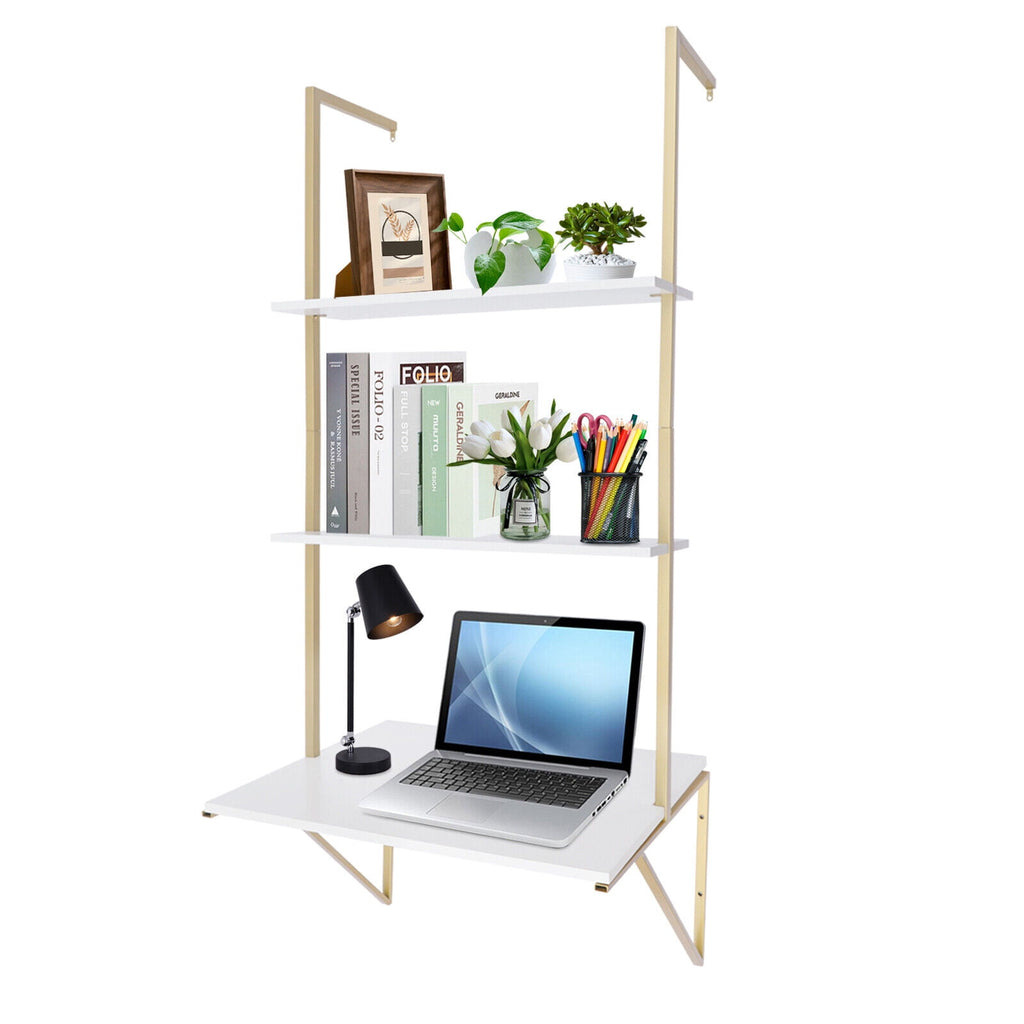 Miumaeov 3 Tier Ladder Shaped Desk Wall Mounted Shelf Floating Hanging Display Rack for Laundry Room Bathroom Kitchen Bedroom Office Gold