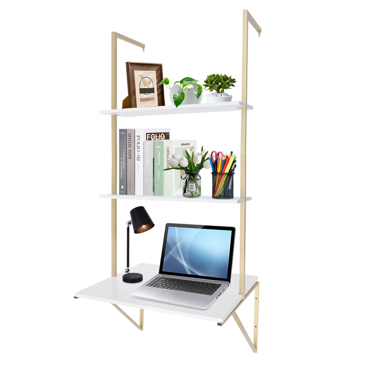 Miumaeov 3 Tier Ladder Shaped Desk Wall Mounted Shelf Floating Hanging Display Rack for Laundry Room Bathroom Kitchen Bedroom Office Gold