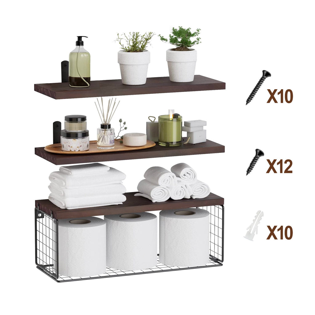 Rustic Floating Shelves, Moclever 2.75lbs Wall Mount Wooden Bathroom Floating Shelves with Basket