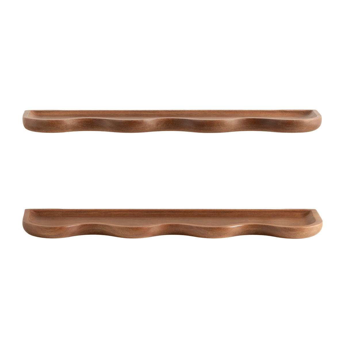 Kate and Laurel Alezar Modern Scalloped Mango Wood Floating Shelves, Set of 2, 24 x 6, Walnut Brown, Functional Wavy Bathroom and Kitchen Shelves for Storage and Display