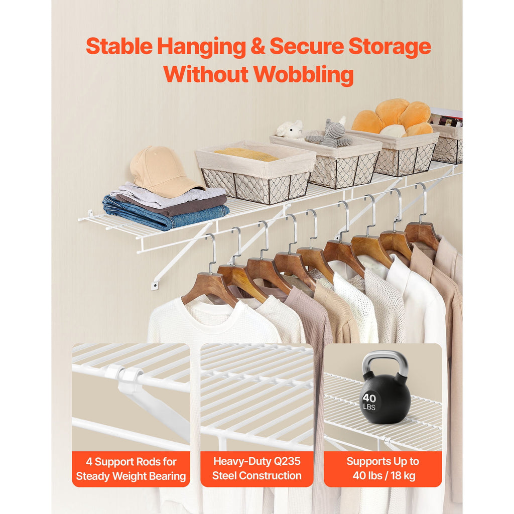 KFFKFF Wire Shelf Kit, 4 ft, Set of 2, Wall-Mounted Storage Shelves, Durable Carbon Steel Construction with Protective Coating, Floating Shelves for Closet, Bedroom, Living Room, Office, or Pantry