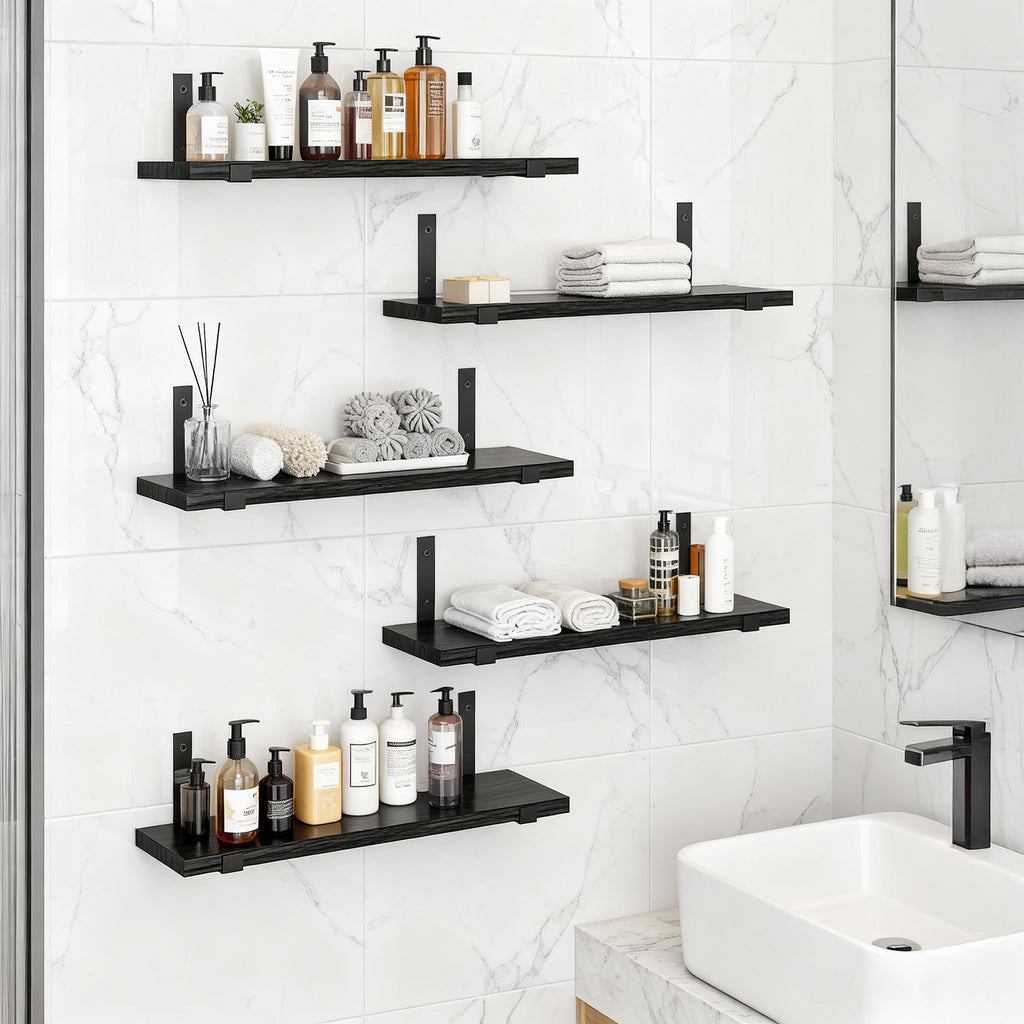 Floating Shelves Set of 5, Width 4.7 Inches Wall Shelves, Rustic Wood Wall Storage Shelves Black