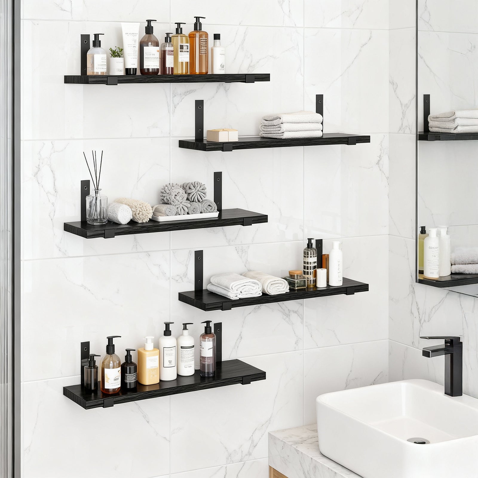 Floating Shelves Set of 5, Width 4.7 Inches Wall Shelves, Rustic Wood Wall Storage Shelves Black