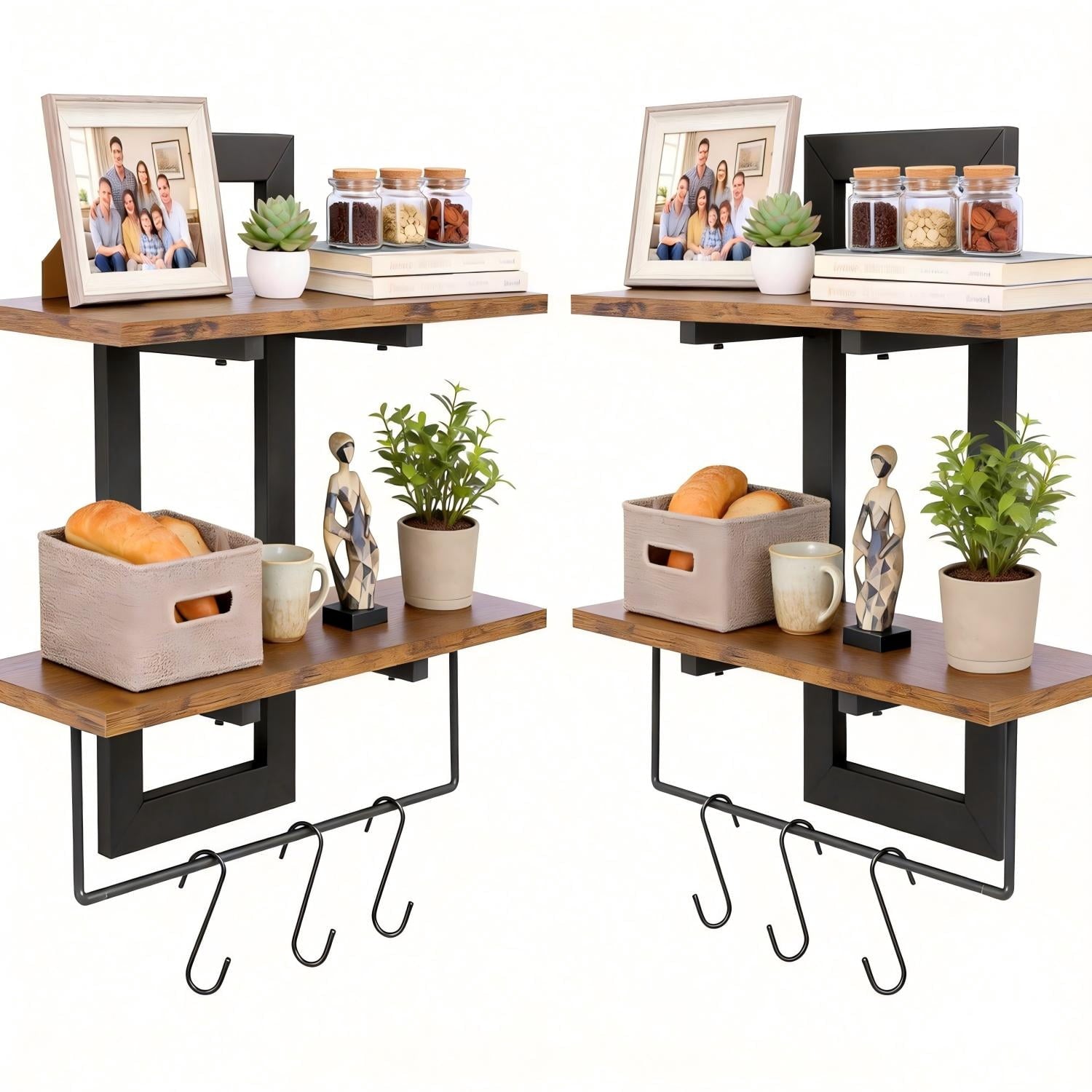 2 Pack 2 Tier Floating Wall Shelves, Rustic Wood Wall Mount Storage Organizer, Decorative Wall Display Rack for Bedroom Living Room Bathroom