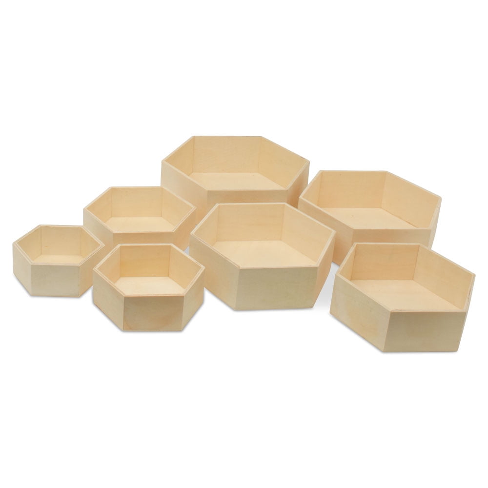 Wooden Hexagon Floating Shelves with Backs, 2 Sets of 7, Unfinished for Crafts and DIY Wall Décor: Modern, Geometric, Rustic, or Honeycomb, by Woodpeckers