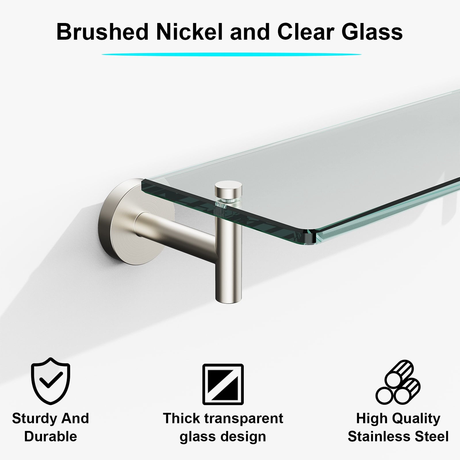 Woindo Bathroom Glass Shelf, Floating Tempered Glass Bathroom Wall Shelf Rectangle 16 Inch Shelves Brushed Nickel Bracket Mount Modern