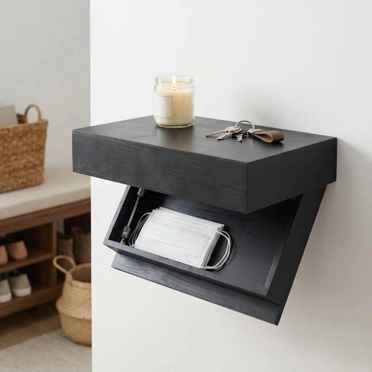 Wall Mount Shelf with Hidden Compartment, 15.75x11.02in, Requires Drilling Floating Shelves, Concealed Storage for Books, Plants, Wall Decor(Black)