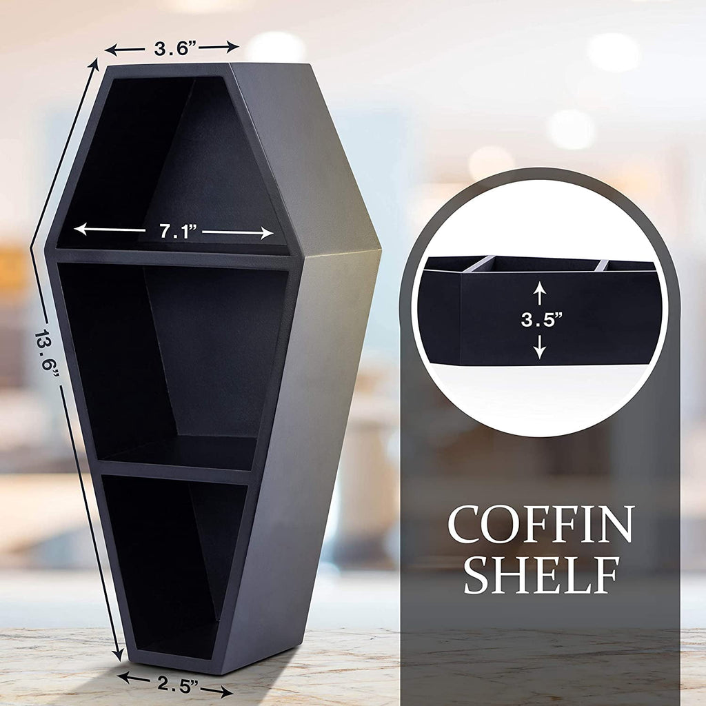 Manny's Mysterious Oddities Black Coffin Shelf - Spooky Gothic Decor for the Home-Floating Wooden Shelf for Wall or Table Top