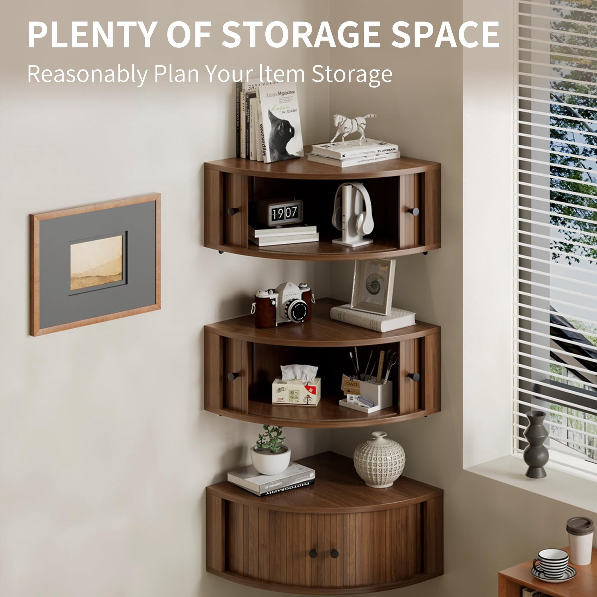 Fluted Corner Wall Cabinet Set of 3, Floating Corner Shelves with Sliding Doors, Wall Storage Organizer for Living Room