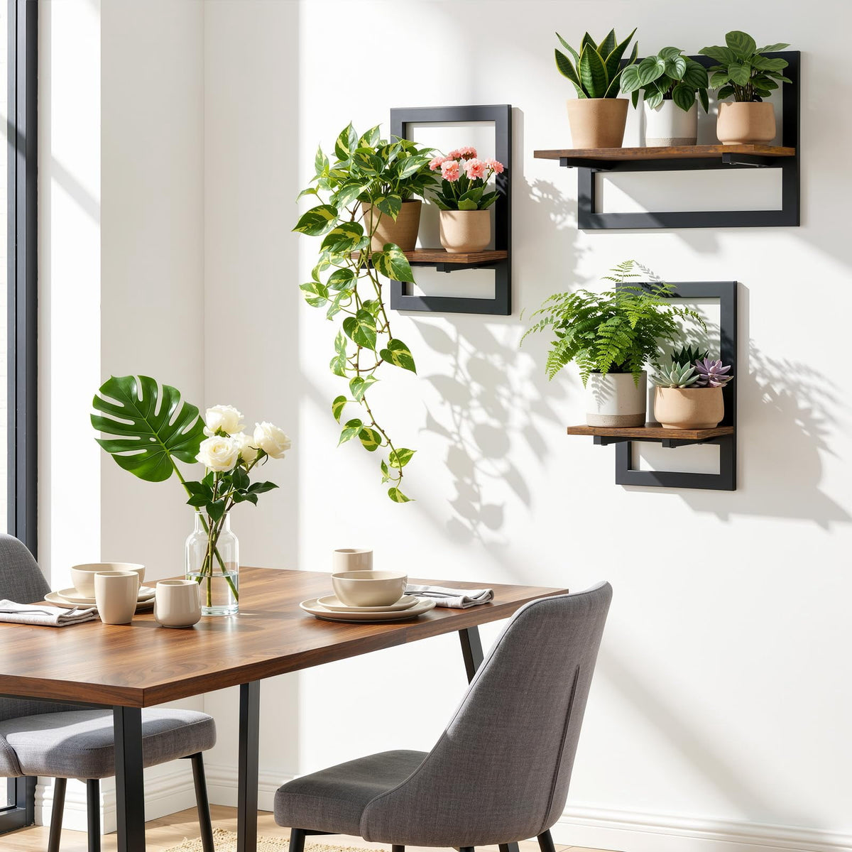 Housolution 3 Pack Floating Shelves for Wall Plant, Hanging Planter Shelf Holder for Indoor Plants, Space Saving Wall Mounted Decor for Living Room, Window, Apartment