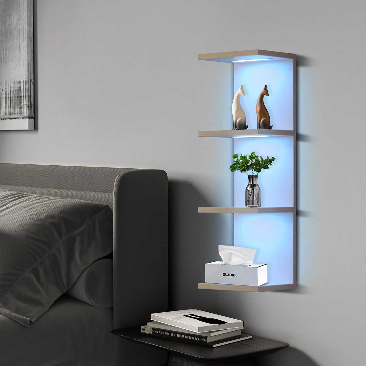4-Tier Wall Shelf with 10 Rgb Lighting Modes, Multifunctional Wall Mounted Vertical Display Floating Shelf for Bedroom Living Room Vanity, White