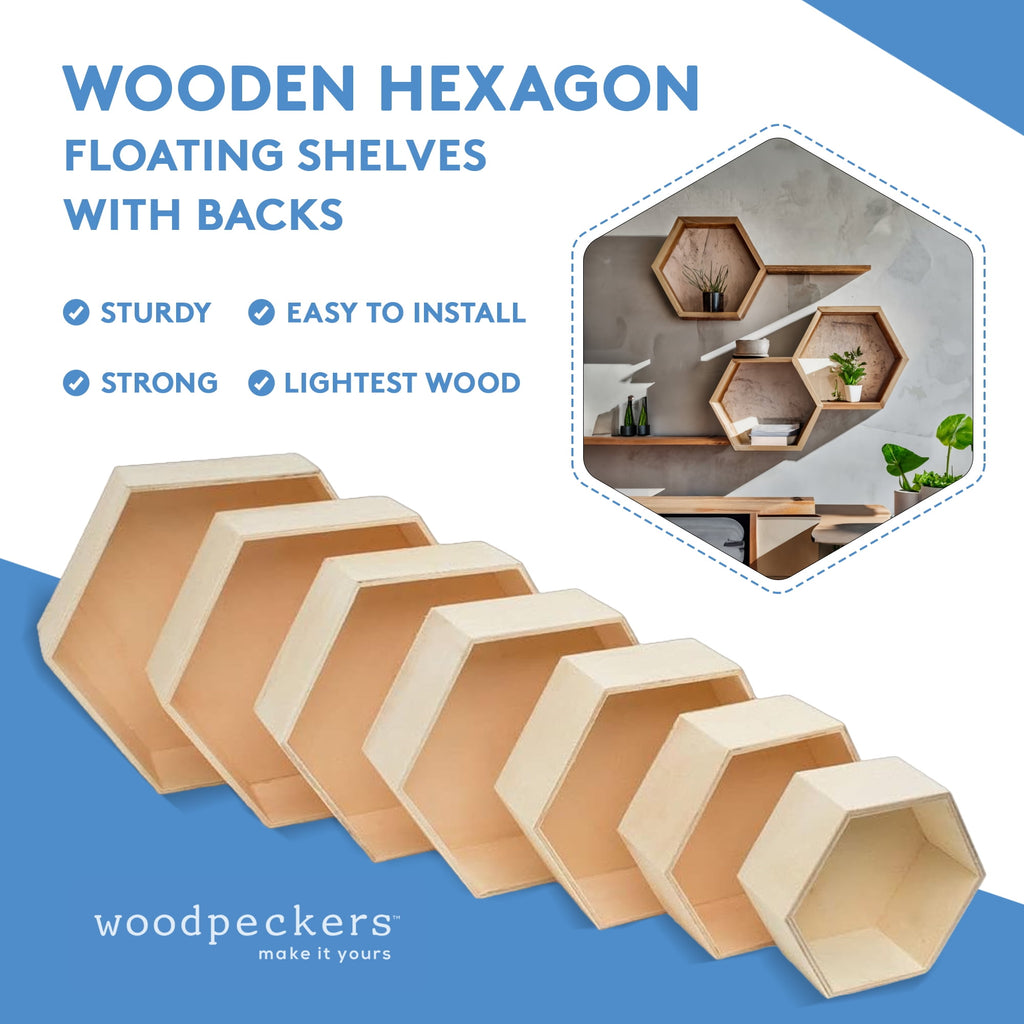 Wooden Hexagon Floating Shelves with Backs, 2 Sets of 7, Unfinished for Crafts and DIY Wall Décor: Modern, Geometric, Rustic, or Honeycomb, by Woodpeckers
