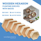 Wooden Hexagon Floating Shelves with Backs, 2 Sets of 7, Unfinished for Crafts and DIY Wall Décor: Modern, Geometric, Rustic, or Honeycomb, by Woodpeckers