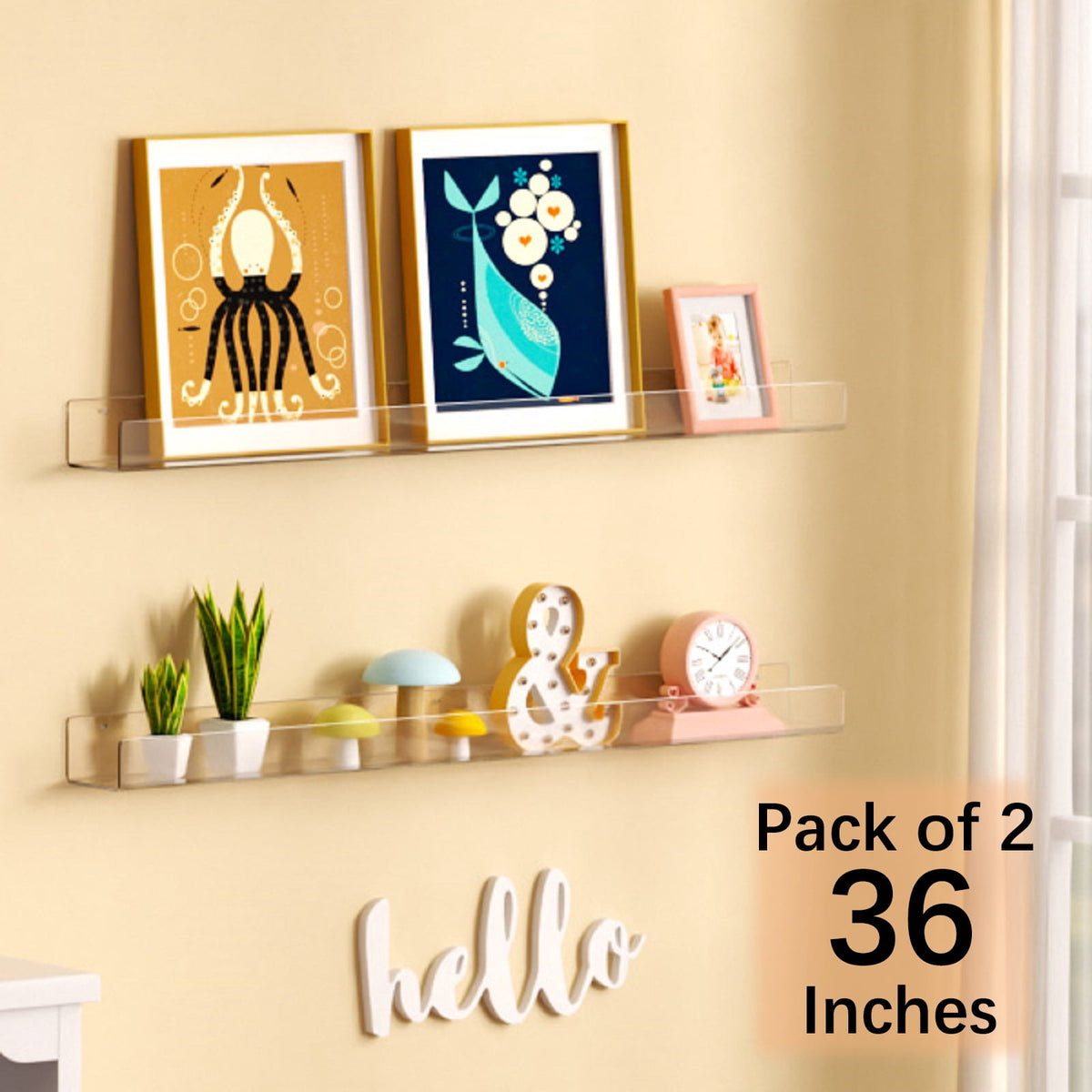 NIUBEE 2 Packs Acrylic Floating Bookshelves for Kids, 36 Inch Clear Wall Floating Shelves, Invisible Wall Bookshelves Ledge Book Shelf, Thicker with Free Screwdriver
