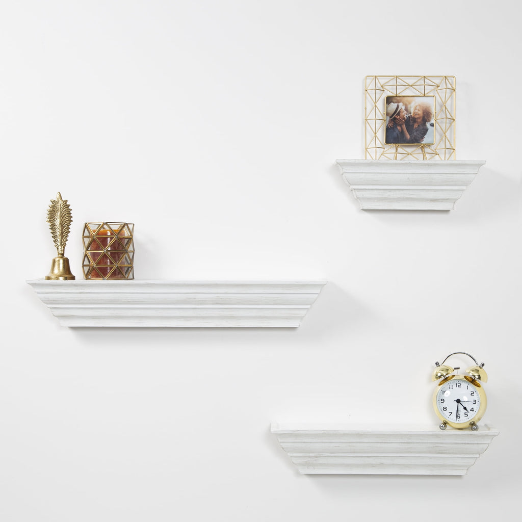 Gallery Solutions Traditional Distressed White 3 Piece Floating Ledge Shelf Set