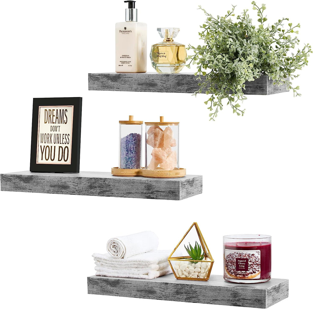 Sorbus 16.25" Gray Rustic Floating Shelves (Set of 3) – Wall Storage for Décor, Frames, Trophies