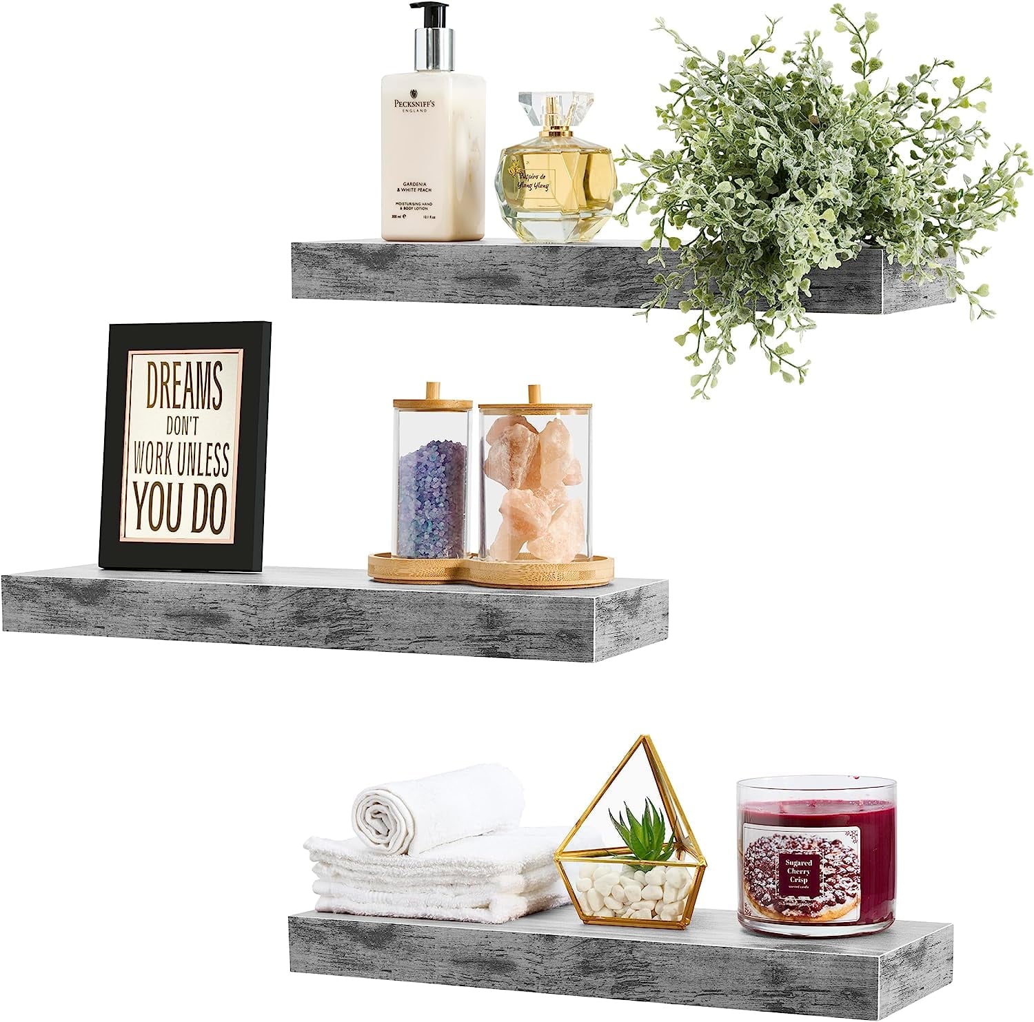 Sorbus 16.25" Gray Rustic Floating Shelves (Set of 3) – Wall Storage for Décor, Frames, Trophies