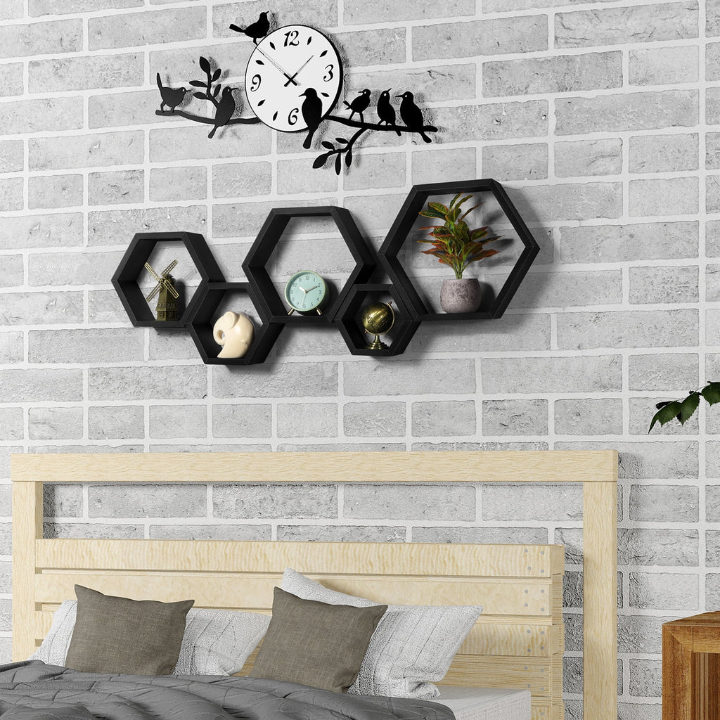 Hexagon Floating Shelves 5 Different Sizes Honeycomb Shelves for Wall, Black