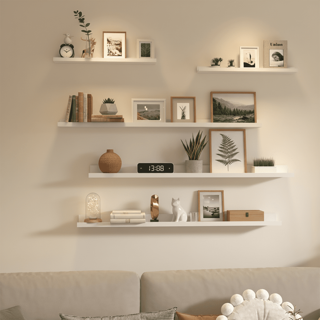 Long Floating Shelves for Wall Set of 5, 47 Inch White Wooden Picture Ledge Shelves for Bathroom, Bedroom, Kitchen, Living Room Storage and Decoration