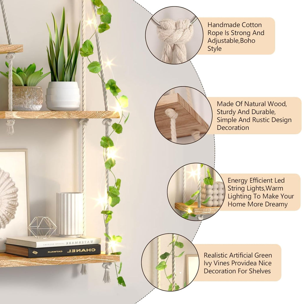 FKS LIFE Hanging Shelves for Wall, Macrame Hanging Plant Shelf with Vine Lights 5 Tier Rope Floating Shelf Storage Rack Boho Wall Decor