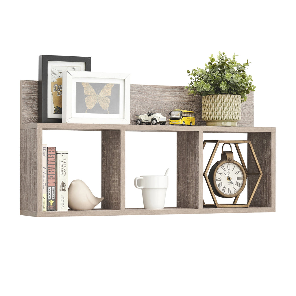 Danya B. Modern 3 Cube Floating Wall Shelf with Display Ledge - Easy to Hang Wall Mounted Triple Cubby Shelf - Oak
