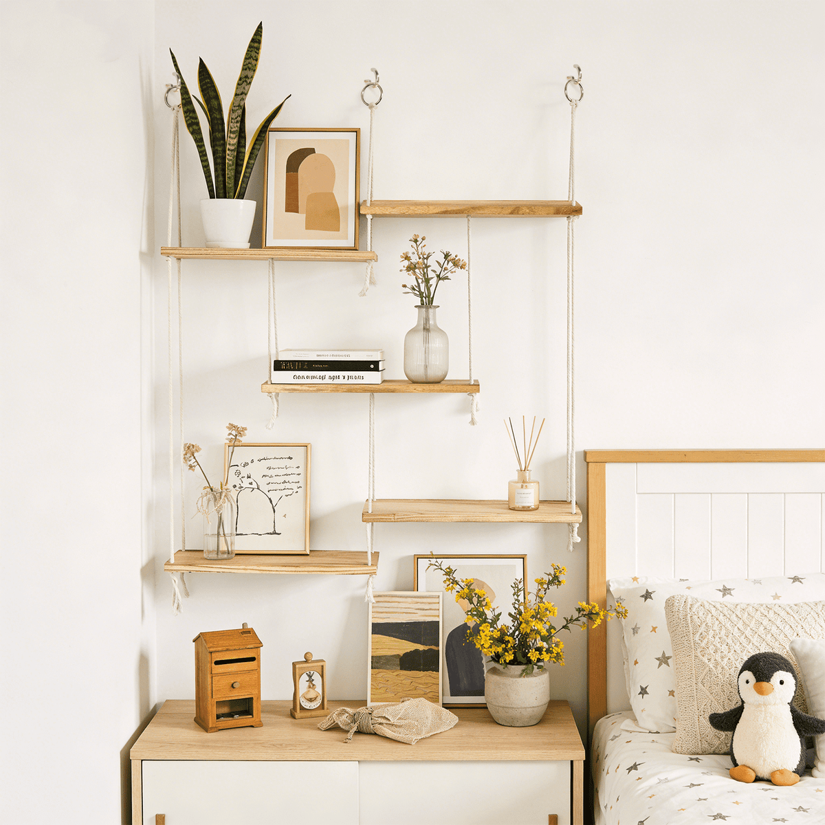 AMTPM Hanging Shelves for Wall, 5 Tier Boho Wall Decor Hanging Plant Shelf Floating Shelves Rope Rustic Wood Organizer Storage Hanger Rack for Aesthetic Home Bedroom Kitchen Bathroom
