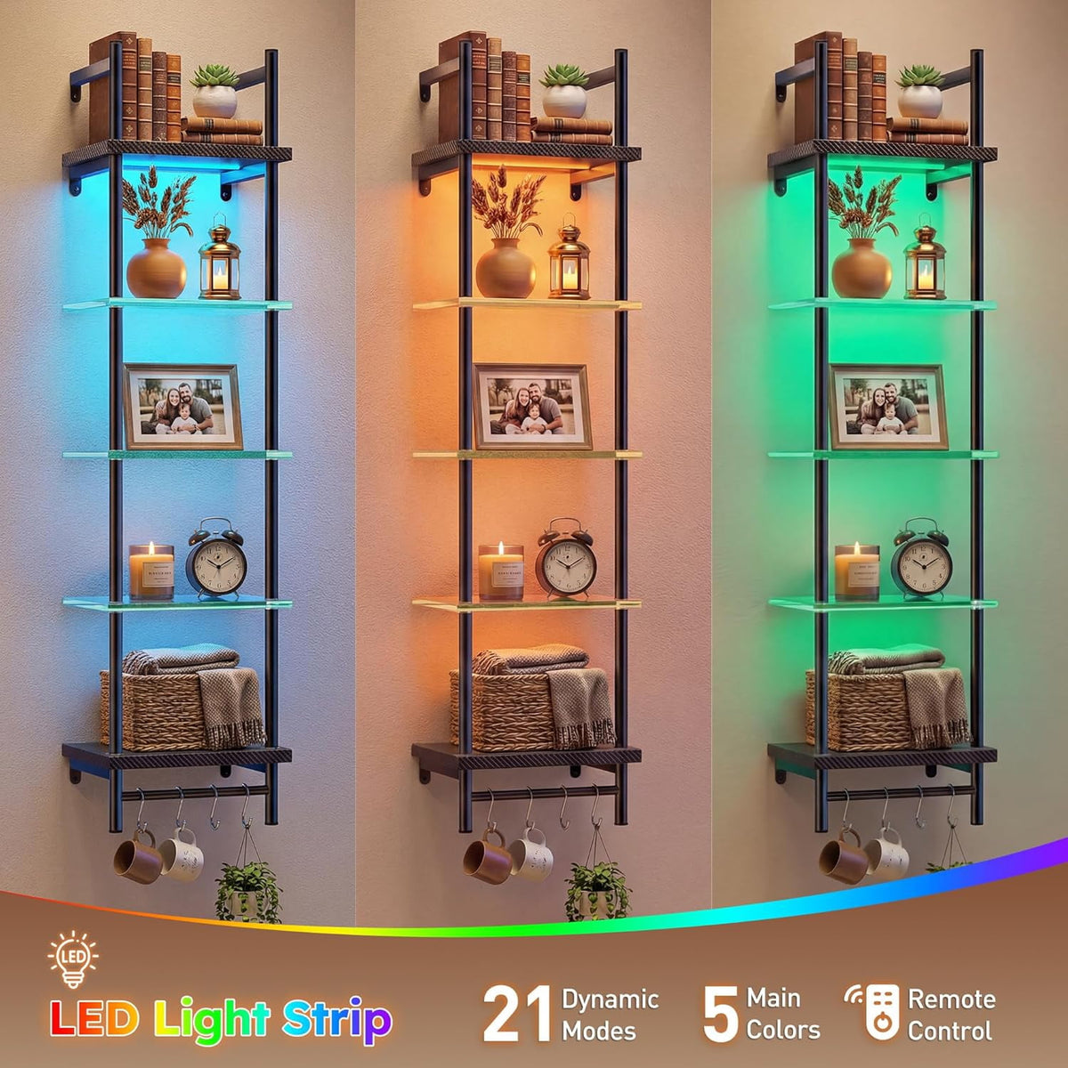HZAT LED Floating Shelves, 5-Tier Glass Wall Shelf, Display Shelves for Living Room Gaming Room Bedroom, Carbon Fiber Black
