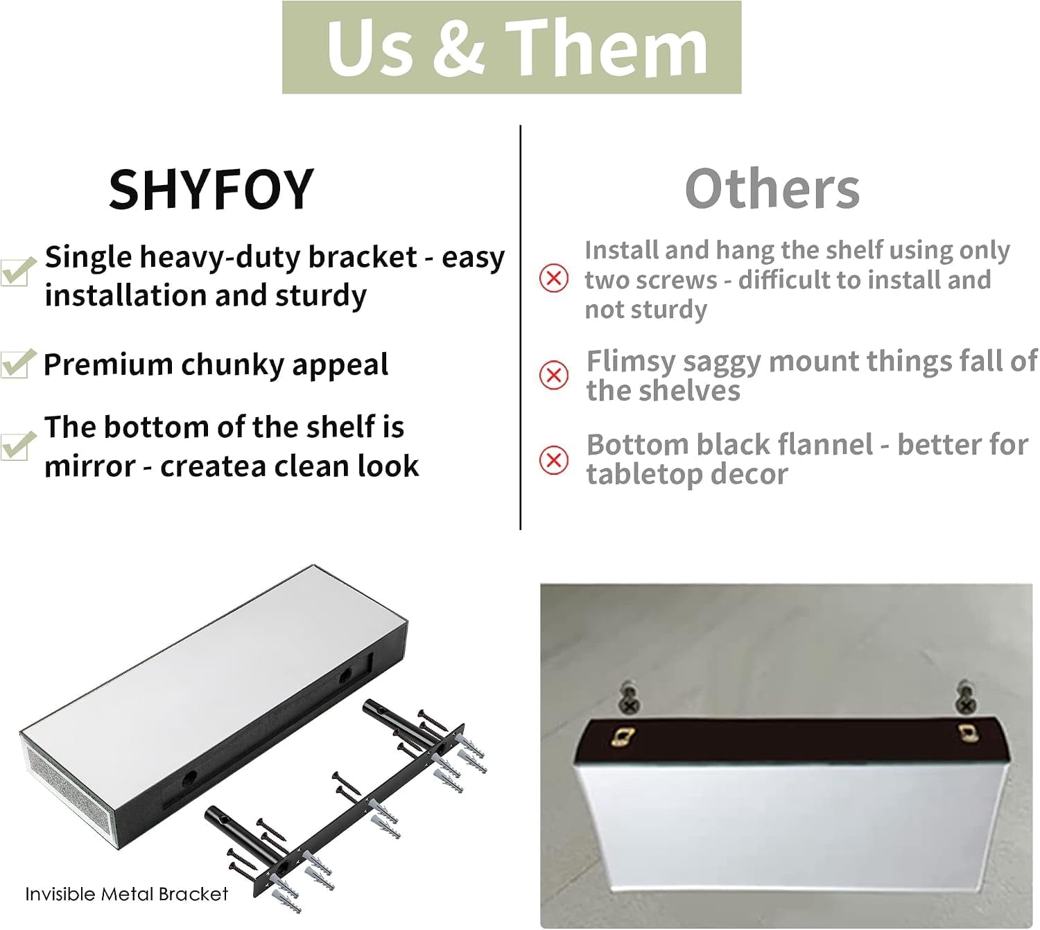 SHYFOY 15"x5.9" Glitter Glass Mirrored Floating Shelves (Set of 2)