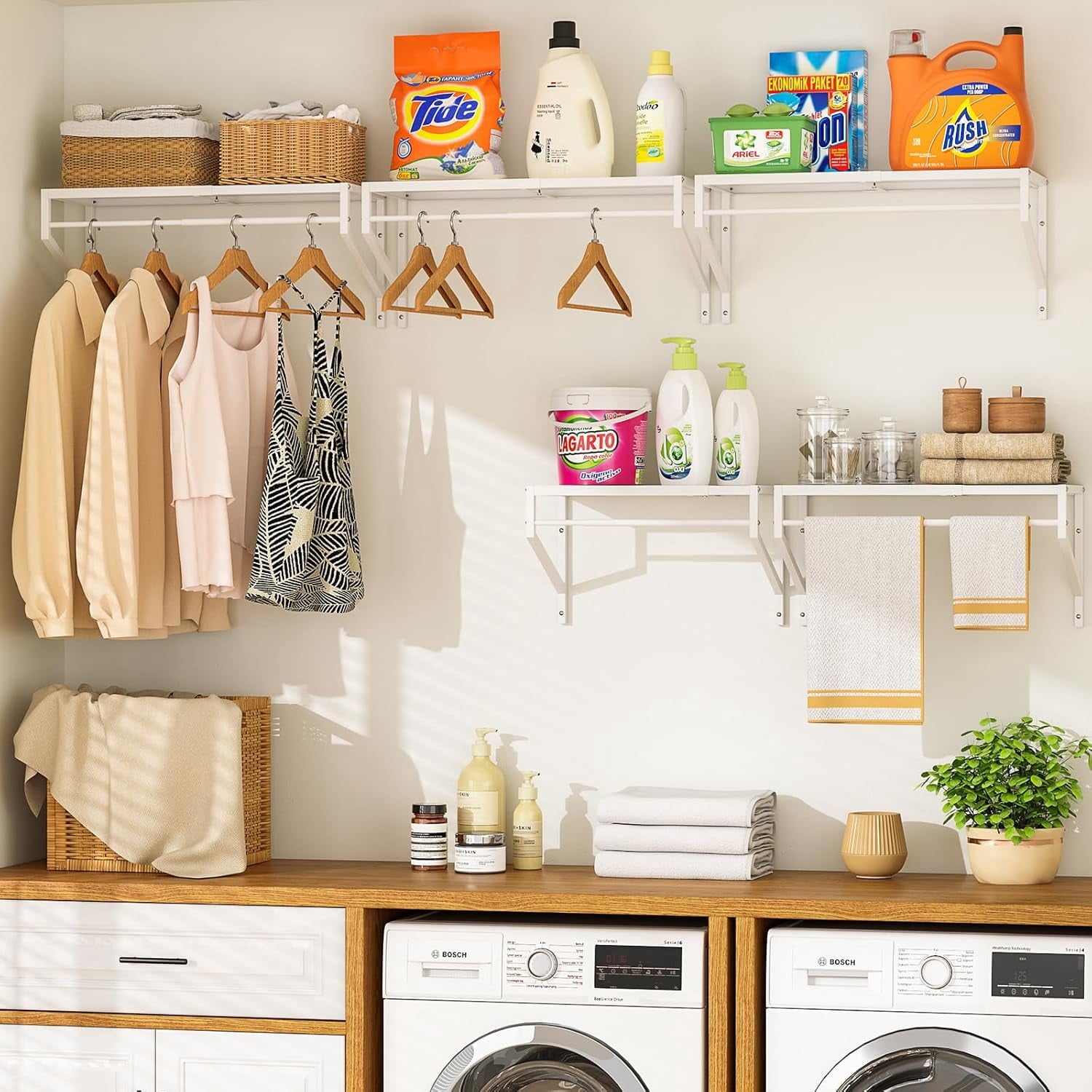 2 Pack Expandable Laundry Room Shelves with Hanging Rod, Over Washer and Dryer Shelves, Wall Mounted Metal Shelving, Utility Floating Wall Shelf for Laundry Closet Organizers and Storage