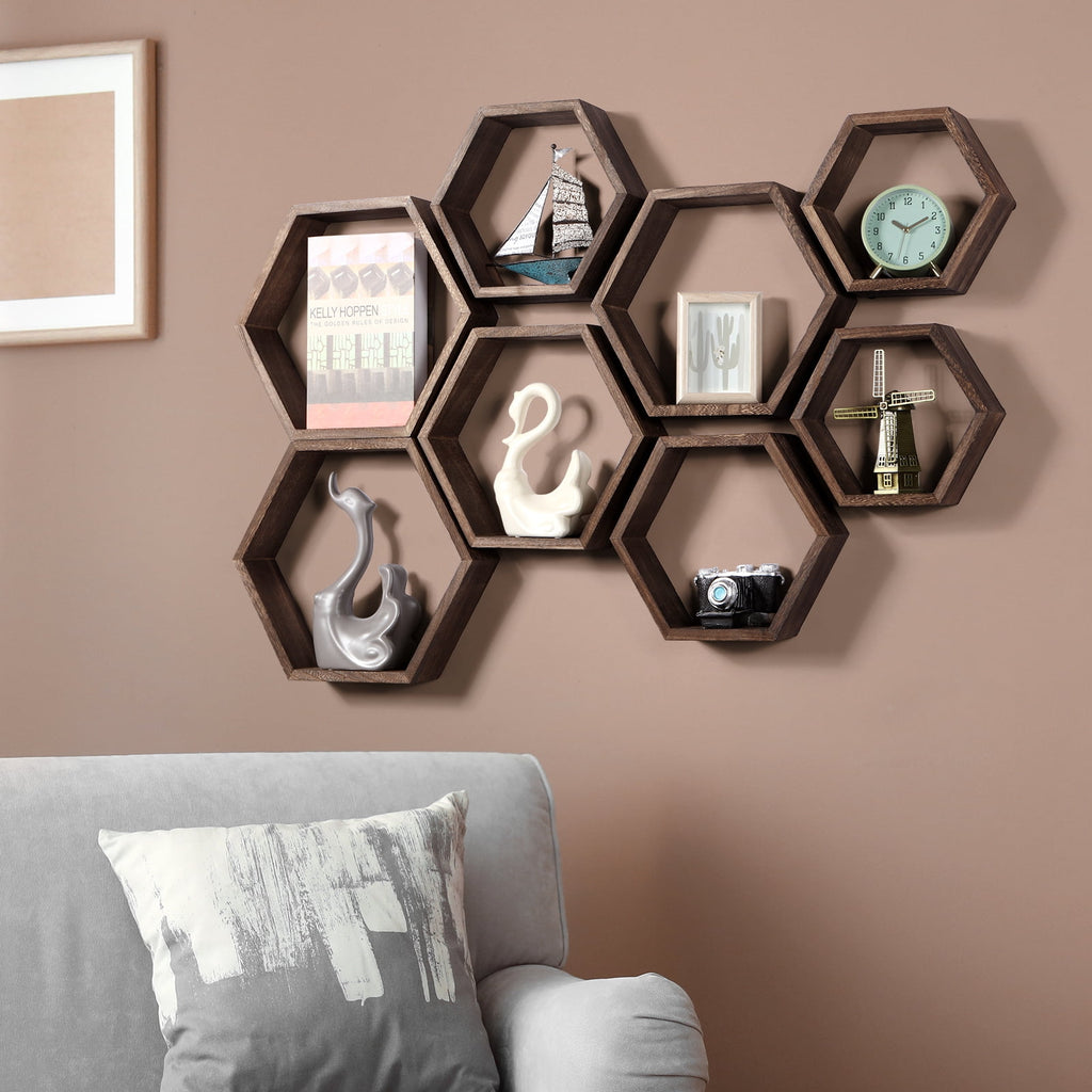 Hexagon Floating Shelves Set of 8 Honeycomb Shelves for Wall, Brown