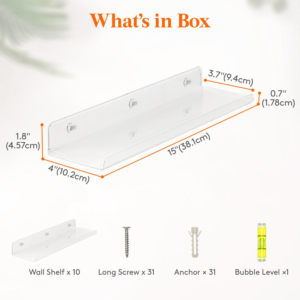 Lifewit Floating Shelves, 10 Pack Clear Acrylic Shelf 15" Room Decor for Bookcase/Vinyl Record Display/Photo/Picture in Bedroom, Living Room, Bathroom, Kitchen Storage and Organization