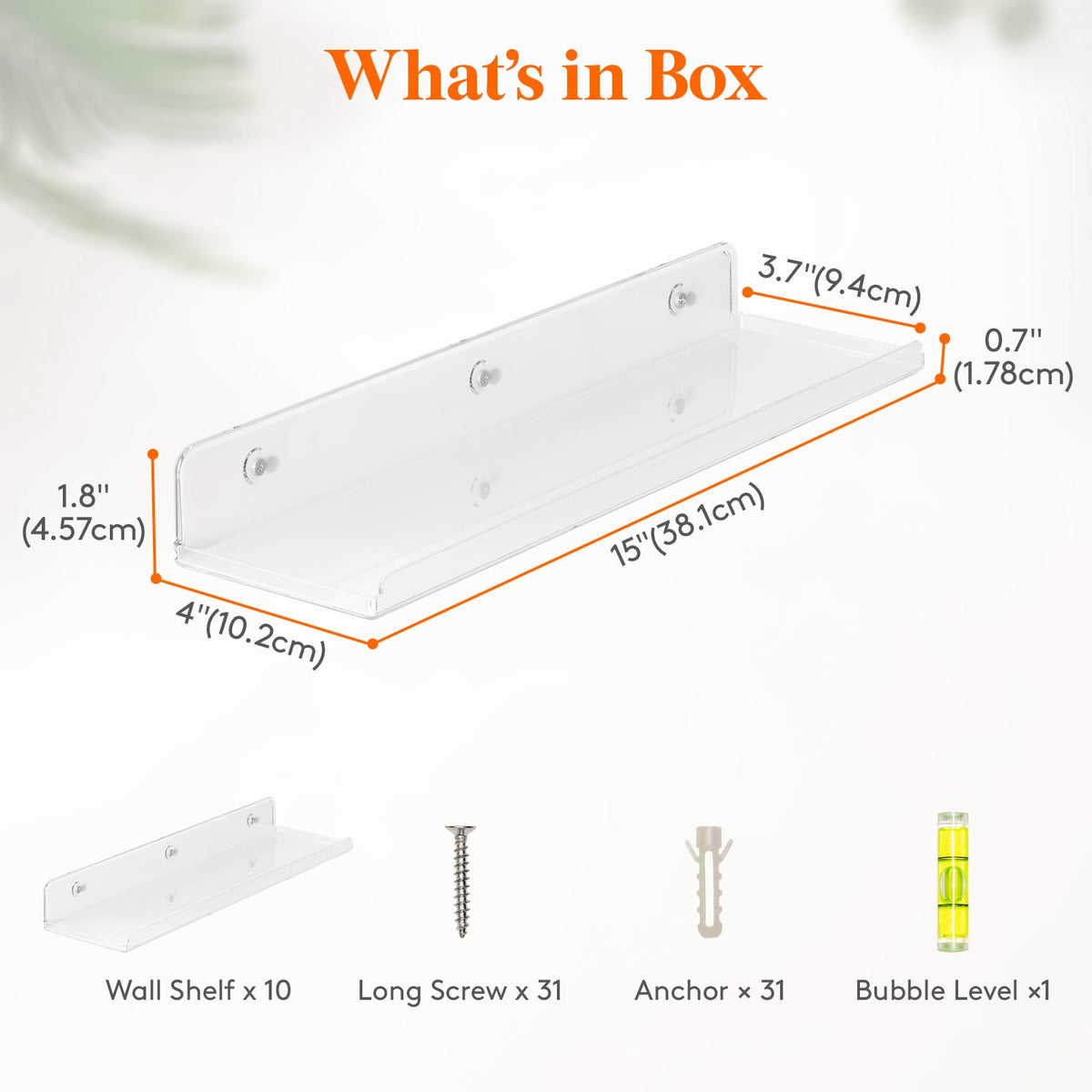 Lifewit Floating Shelves, 10 Pack Clear Acrylic Shelf 15" Room Decor for Bookcase/Vinyl Record Display/Photo/Picture in Bedroom, Living Room, Bathroom, Kitchen Storage and Organization