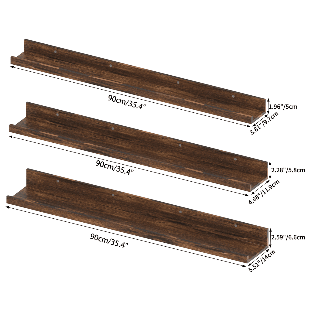 Floating Shelves Set of 3, 36 inch Wall Mounted Picture Ledge Shelf for Home, Office, Bedroom, Living Room, Kitchen Decor, Brown