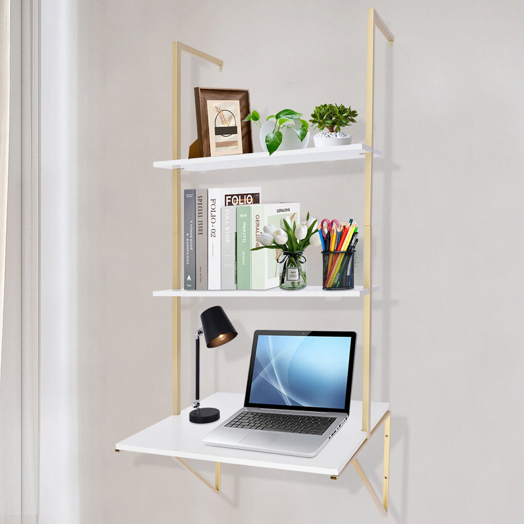 Miumaeov 3 Tier Ladder Shaped Desk Wall Mounted Shelf Floating Hanging Display Rack for Laundry Room Bathroom Kitchen Bedroom Office Gold