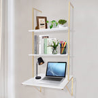 Miumaeov 3 Tier Ladder Shaped Desk Wall Mounted Shelf Floating Hanging Display Rack for Laundry Room Bathroom Kitchen Bedroom Office Gold