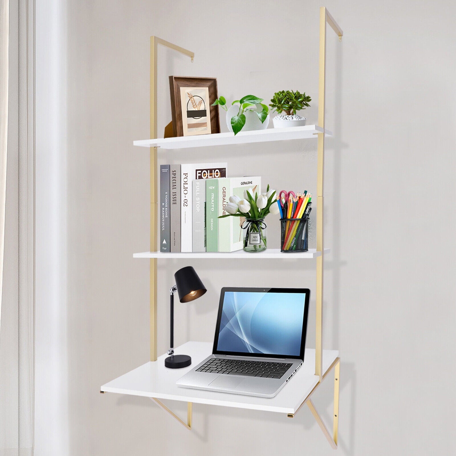 Miumaeov 3 Tier Ladder Shaped Desk Wall Mounted Shelf Floating Hanging Display Rack for Laundry Room Bathroom Kitchen Bedroom Office Gold
